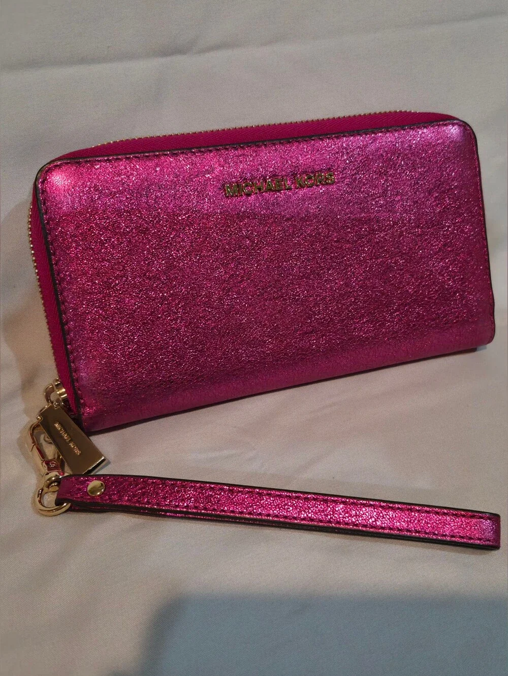 Michael Kors Hot Pink Metallic Jet Set Tote w/ Matching Accessories
